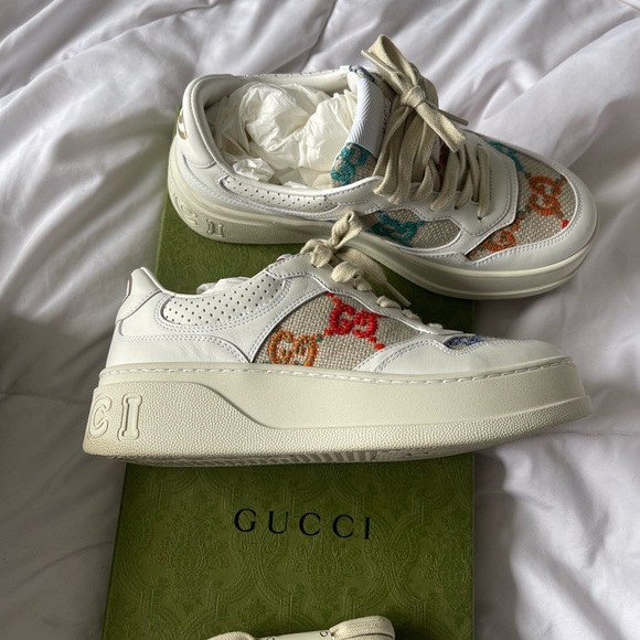 Gucci Shoes - Gucci Cream Sneakers with Colorful Logo